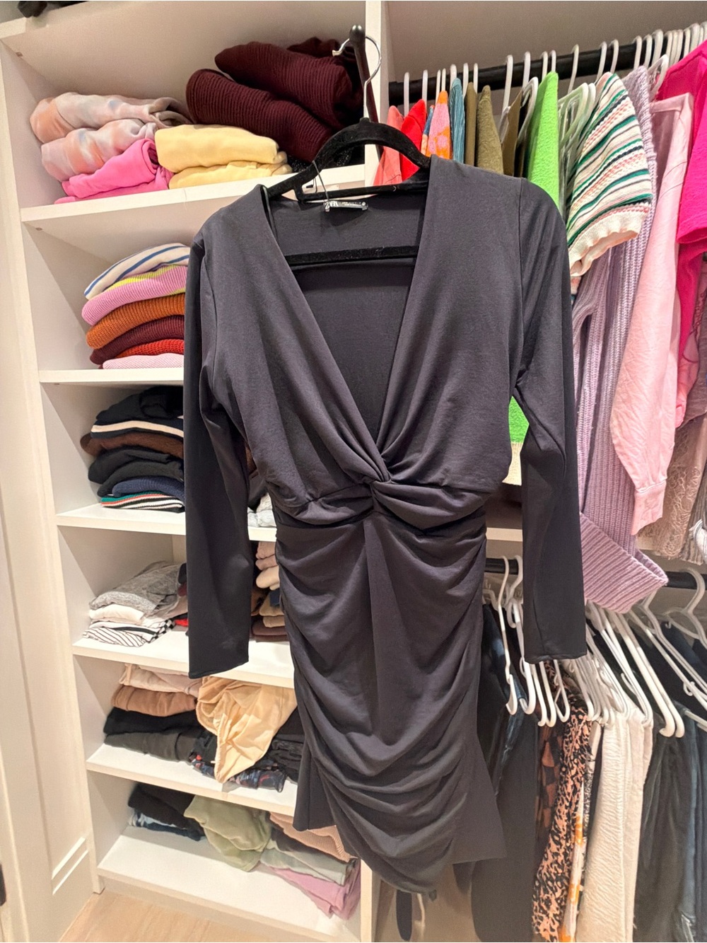 Zara Black Long-Sleeve Twist-Waist Dress